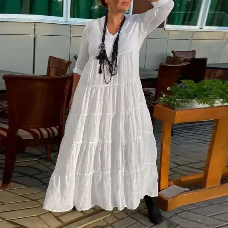 Women's loose elegant sleeved V-neck casual long solid color dress cake skirt autumn plus size