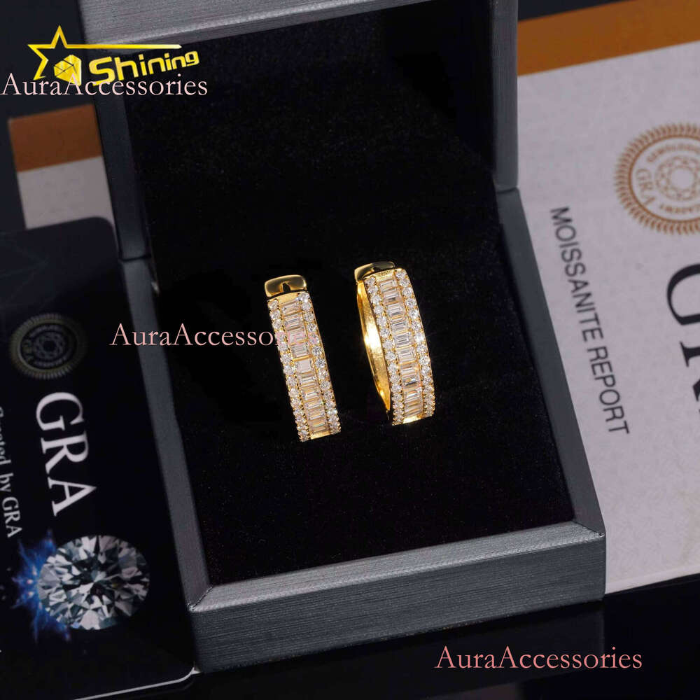 Fine Jewelry Sier Hip Hop Gold Plated Iced Out Baguette Moissanite Dia Hoop Earrings