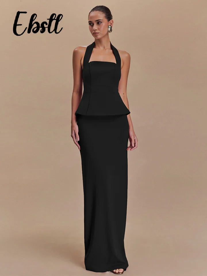 Elegant Halter Top Skirts Set Women Solid Backless Sleeveless Crop Tops Split Long Skirt 2025 Spring Summer Ladies Outfits 250513