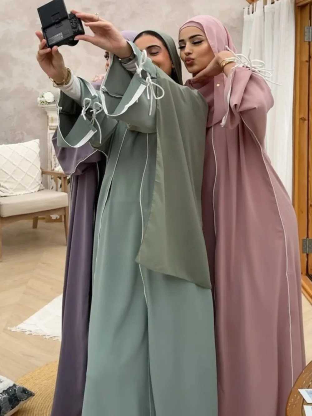 Eid Muslim Sets Open Abayas for Women Modest Dress 2 Piece Suit Jalabiya Lace Up Ramadan Cardigan Robe Kaftan Vestidos Ensemble X250514