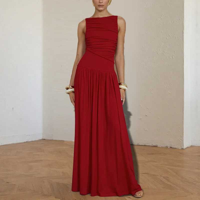 Spring and summer new pleated sleeveless solid color slim waist long dress with patchwork sexy dressXJ250514