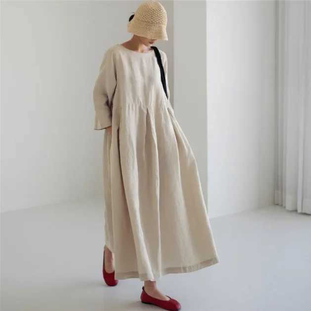 2024 Plus Size Loose Fit Cotton Linen Dress Pullover Round Neck Long Dress Elegant Preppy Style Base Layer Top TrendyXJ250514