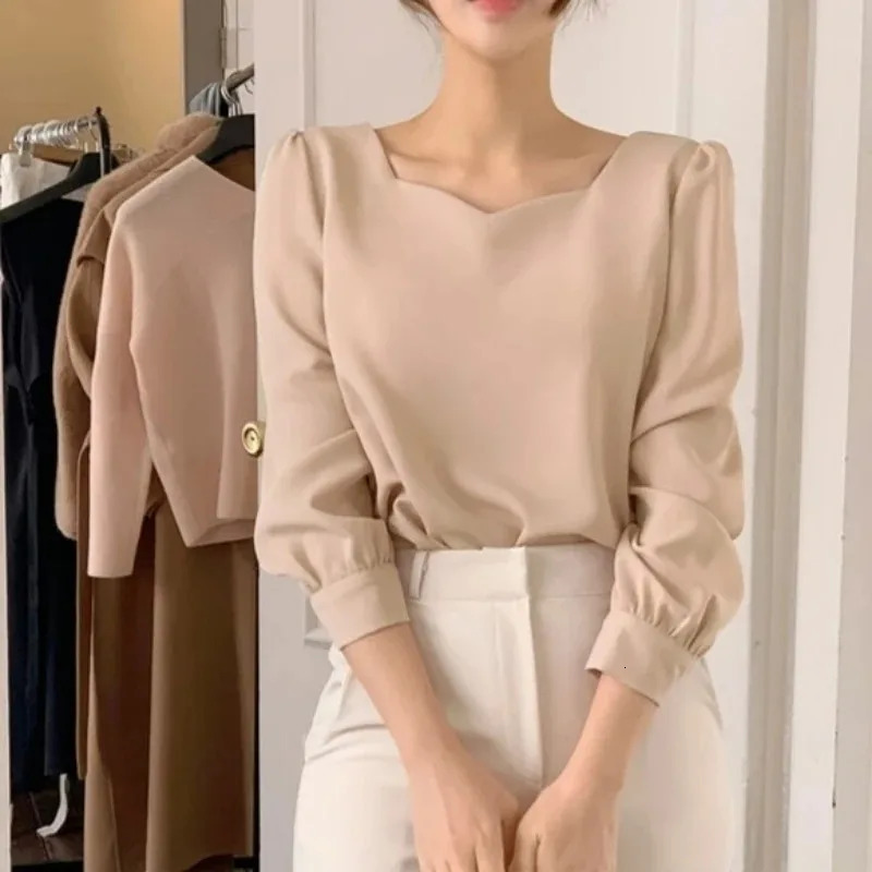 Elegant Square Collar Blouse for Women Casual Loose Tops Puff Sleeve Simple Shirts Spring and Autumn Fashion 8276 250513