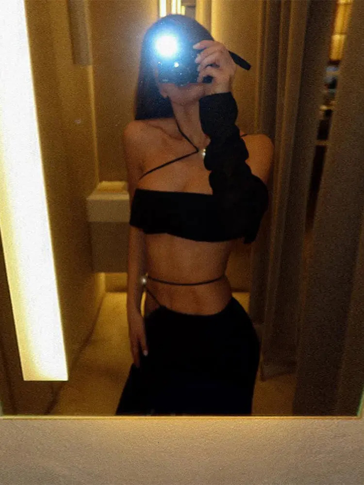 Single Sleeve Slip Top Beach Skirt Two Piece Set Pearl Halter Sexy Strap Vest Bikini Crop Blouse Wrap Hip Women Long Skirts Suit 250513