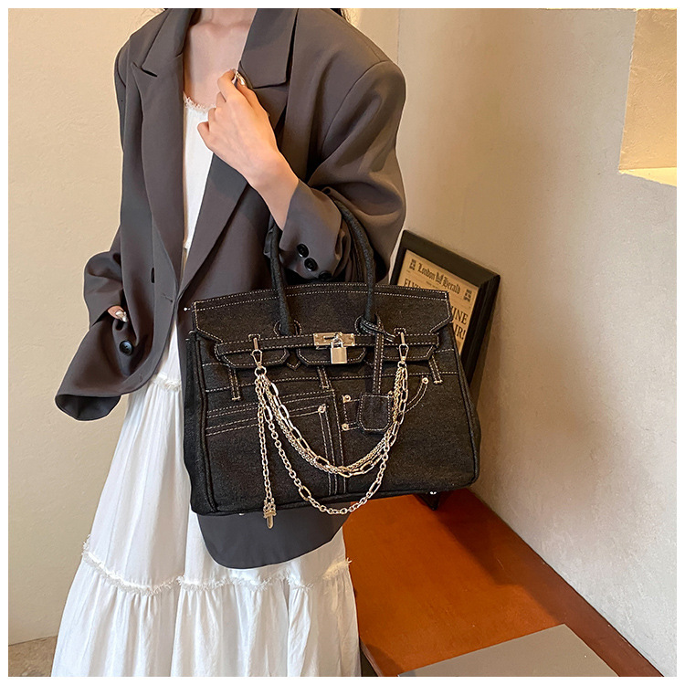 Designer Fashion Kelly Bag Large Capacity Denim Women's Single Shoulder Crossbody Bag Clear Thread Fake Pocket Metal Lock Handbag Workplace Women