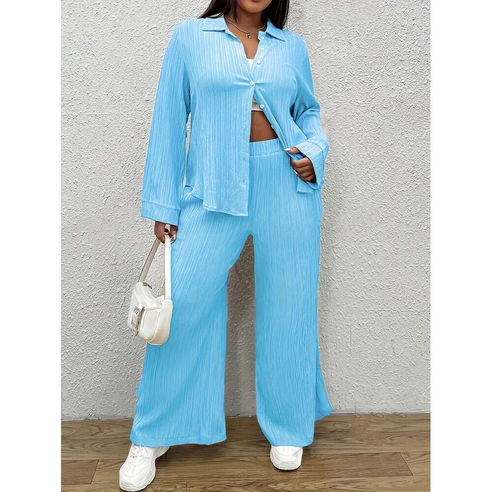 Plus solid color casual set button front long sleeve shirt and spring pants women's plus size clothing