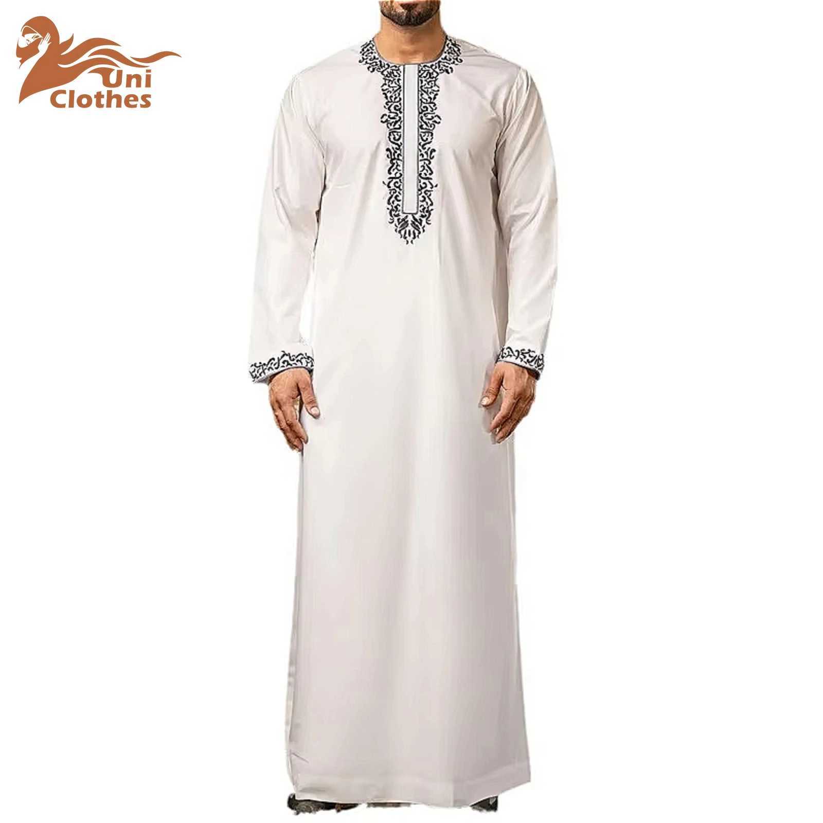 UNI 2024 New Mens Luxury White Muslim Moroccan Style Abaya Classic Embroidered Long Sleeve Formal Wear Islamic Arabic Thobe X250514