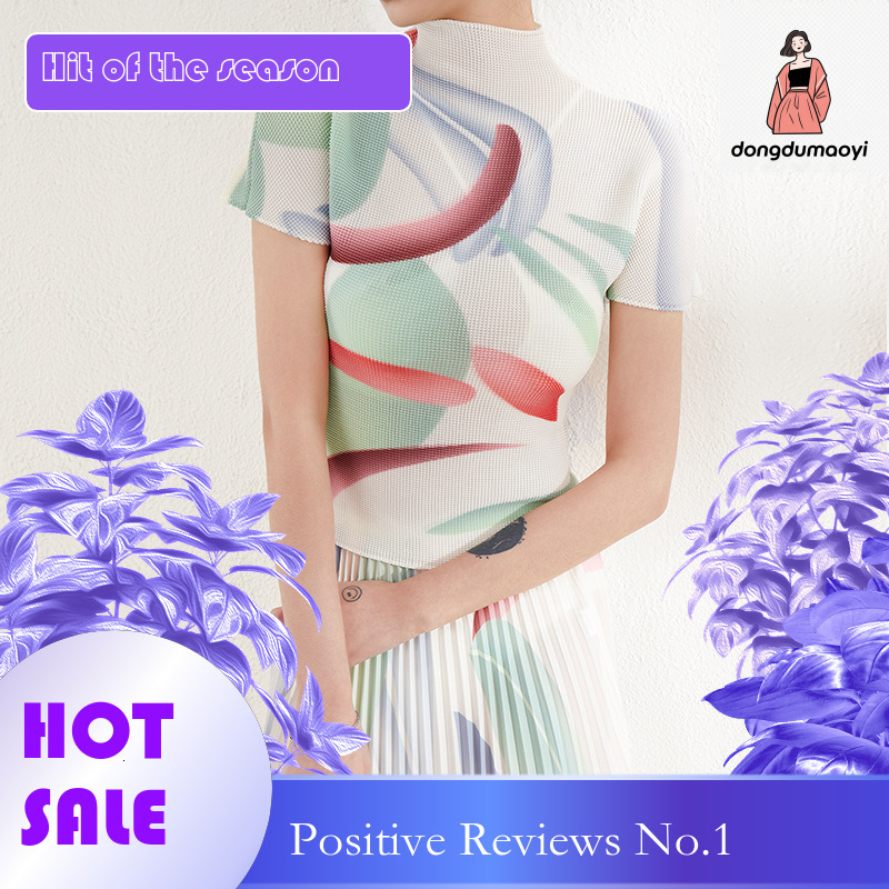 dongdumaoyi Miyake T-shirt Half for Women 2024 Summer New Style, Wrinkle Printed Fashion Top, Hundred Fold Skirt Two Piece Set