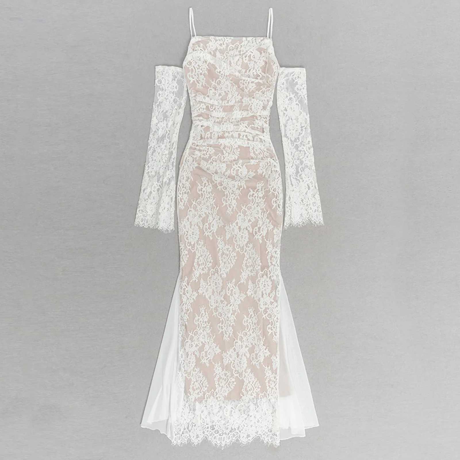 2pcs Elegant Lace See Through Maxi Dress Women Summer Sexy Spaghetti Straps Bodycon Wedding Party Dresses 2025 Split Long DressXJ250514