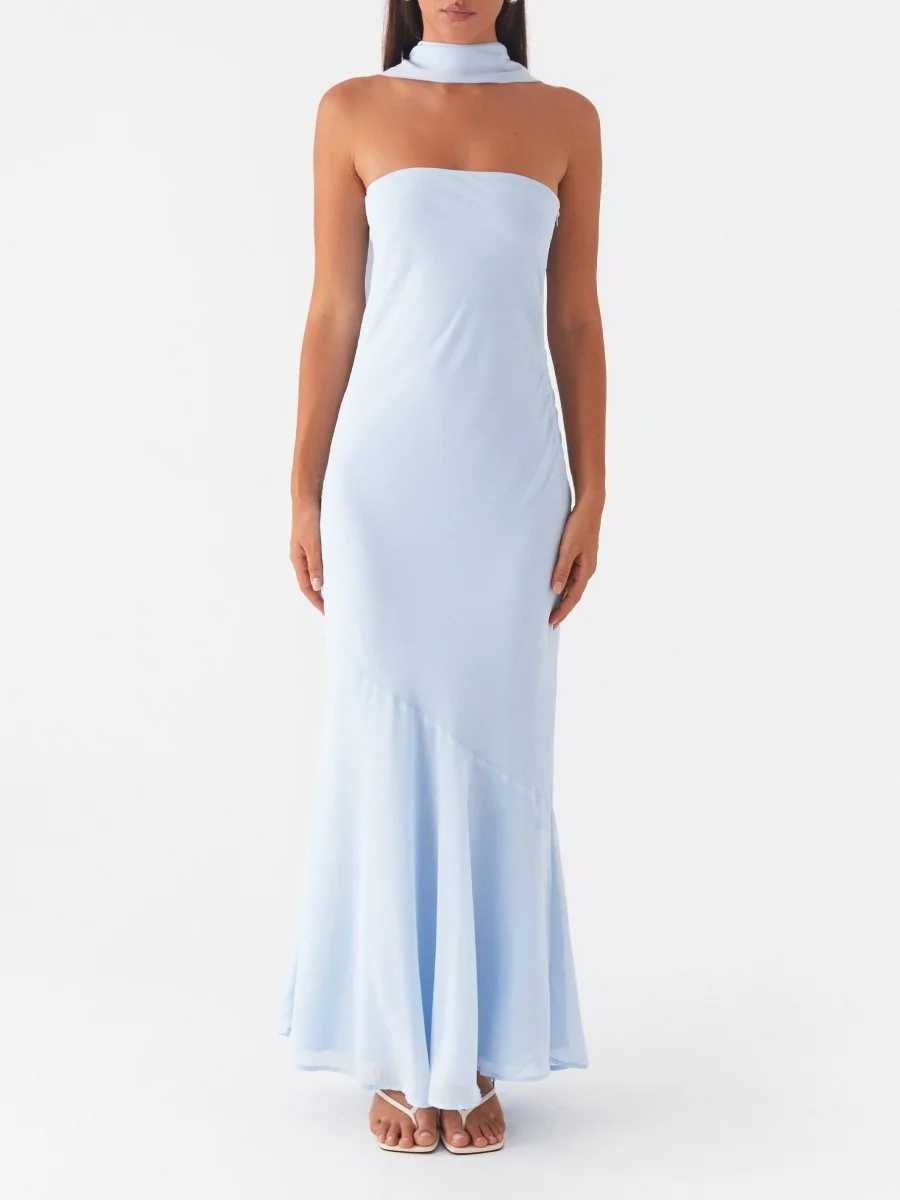 Womens Floral Strapless Dress Sexy Backless Maxi Long Dress Y2K Sleeveless Mesh Bodycon Tube Dress with Neck Scarf SundressXJ250514