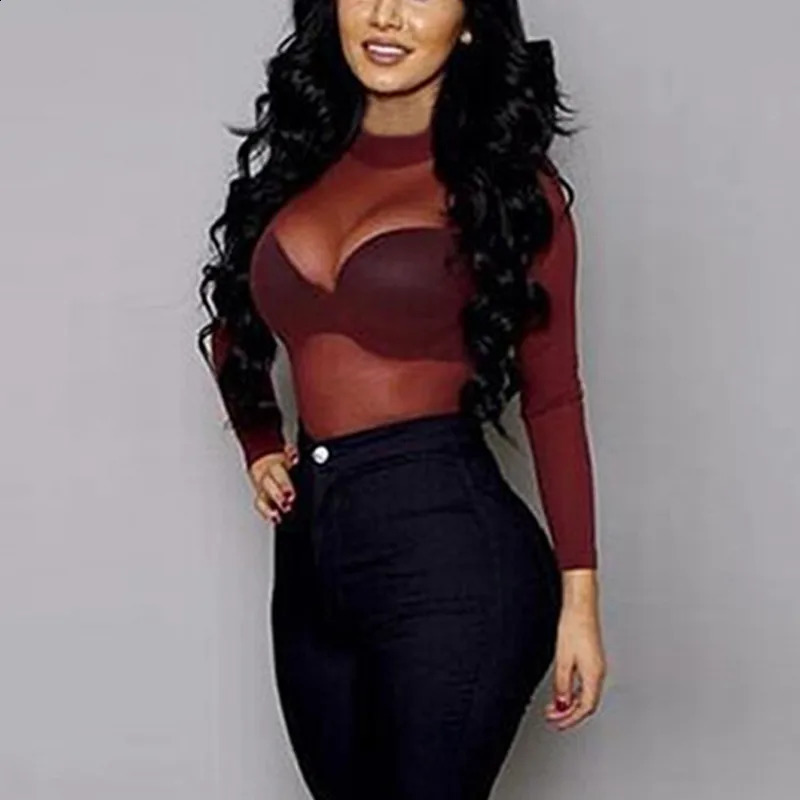 Sexy womens Tshirt transparent mesh top long sleeves pure thin turtle neck 250506