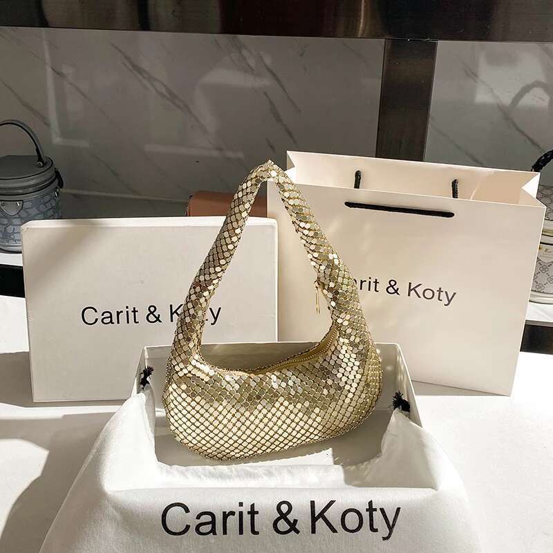 Gold Metal Mesh Shoulder Underarm Bling Shiny Sequins Evening Bag Women's Handbag Wedding Party Clutch Purse Female Armpit