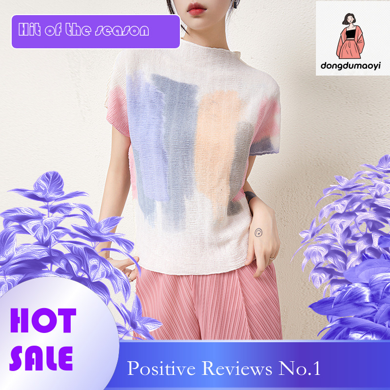 dongdumaoyi Miyake Top Women's 2024 Summer Short Sleeve Folded Small Shirt Graffiti Elastic Loose Look Thin Printed T-shirt Women
