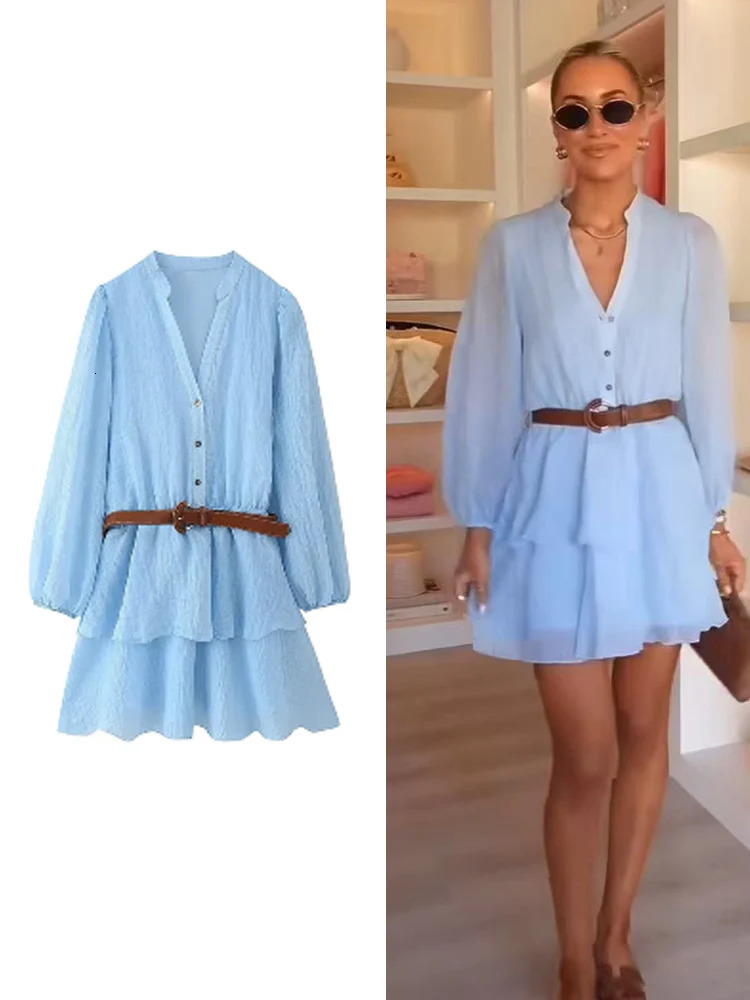 TFMLN Women Ruffles Layer Dress With Belt Elegant Lantern Sleeve Solid V Neck Summer Mini Short Female Fashion 250514