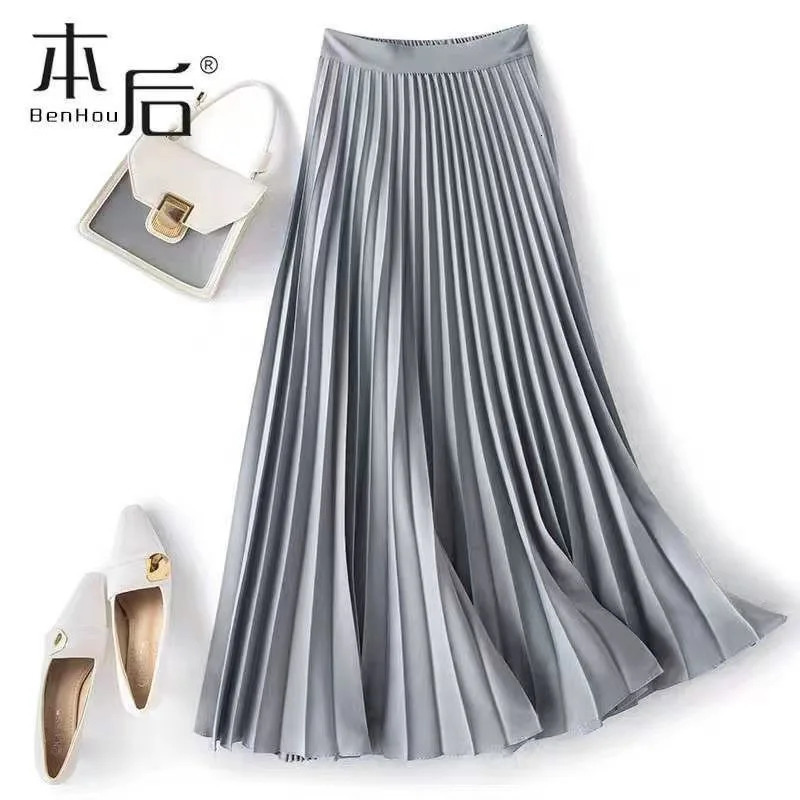 Womens Vintage Midi Skirt Wide Elastic Waistband High Waist Pleated ALine Summer Solid Color Smooth Satin Long Skirts 250514