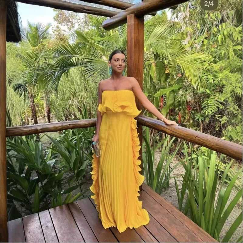 Trendy Women Summer Holiday Dress Orange Pleated Chiffon Long Formal Dresses Custom Made Ruffled Strapless Beach Party DressXJ250514