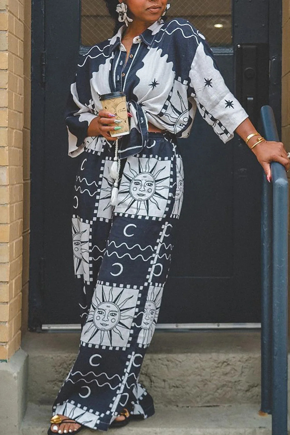 Plus Size Business Casual Multicolor All Over Print Shirt Collar 34 Sleeve Lace Up Two Piece Pant Sets 250506