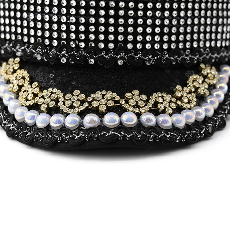 652F Bridal Captain Hat Jeweled Rhinestones for Women Bride Hat Sparkling Sequins Eye-catching Po Props 250513