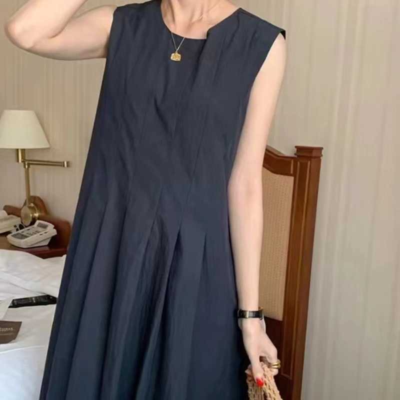 REALEFT Summer Solid O-Neck Pleated Womens Tank Dresses 2024 New Korean Sleeveless Casual Loose A-Line Dresses Pockets FemaleXJ250514