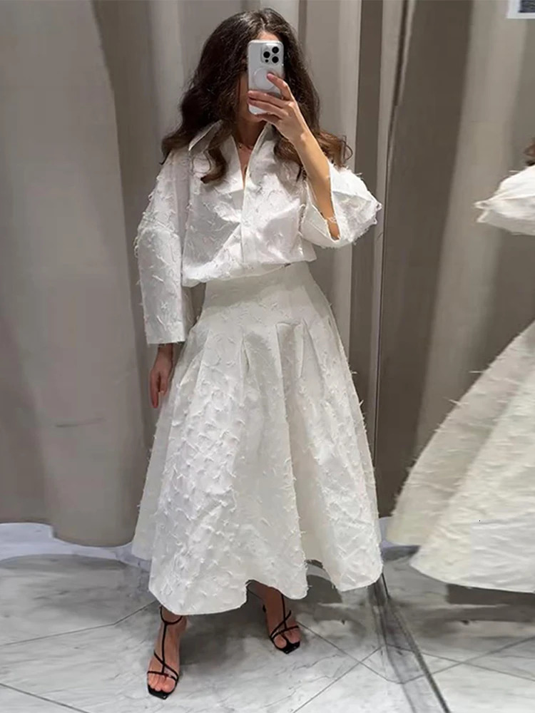 Fashion White Tassel Long Skirt Sets For Women Sleeve Lapel Single Breasted Shirts Pleated High Waist Maxi Skirts Outfits 250514