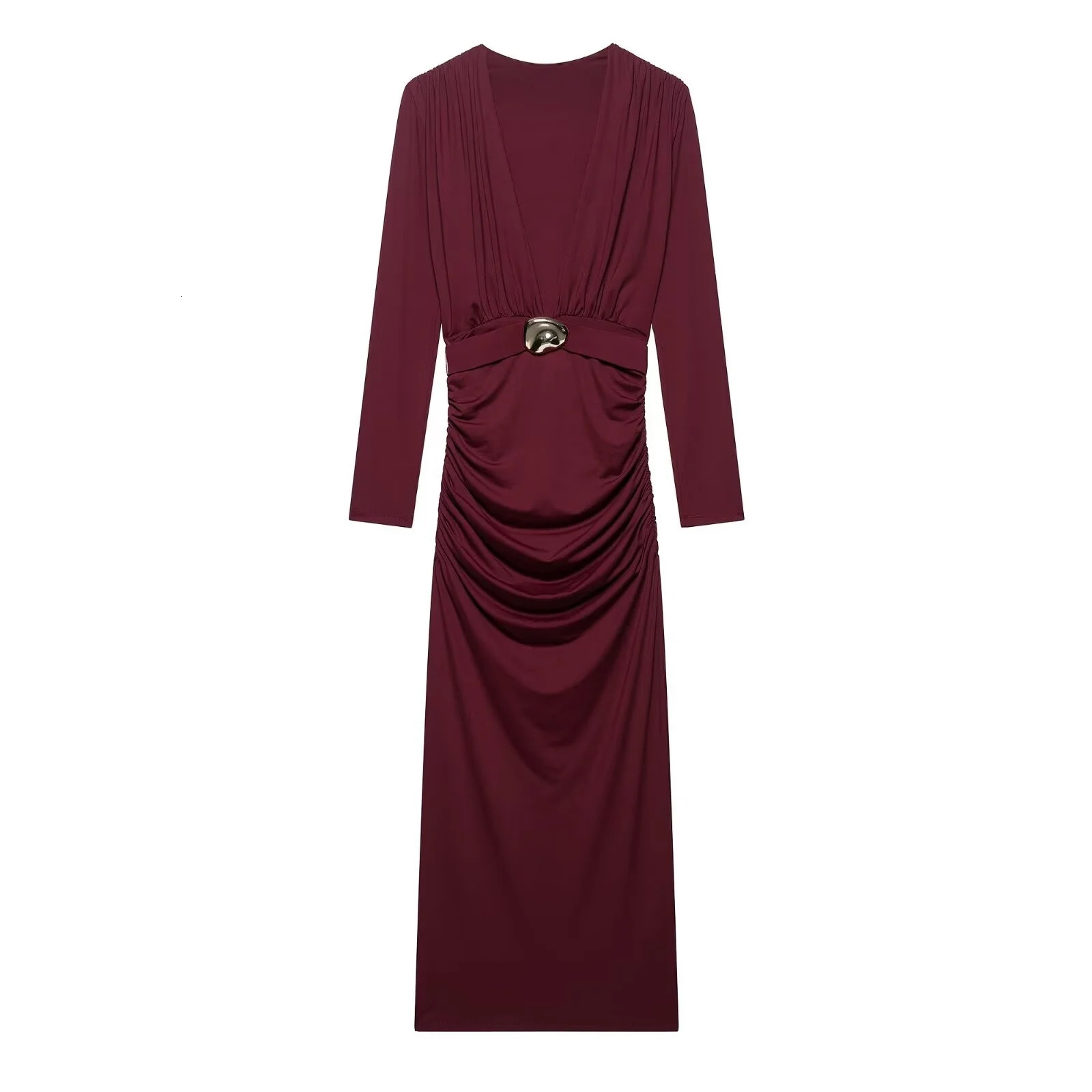 RARA Summer Arrivals Womens Belt Dress Deep VNeck Long Sleeve Slim Fit Pleated High Waist Temperament Elegant 250514