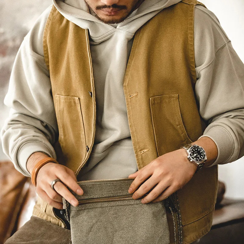 Maden Mens Vintage Hunting Vest Khaki Sleeveless Jacket Casual Outdoor Tactical Womens Solid Color Waistcoat 250506