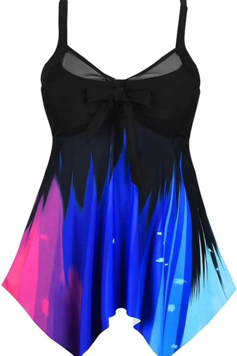 Plus Size Womens Ombre Print Bow Knot Contrast Mesh Tankini Sexy Casual Summer Beach swimsuit 250509