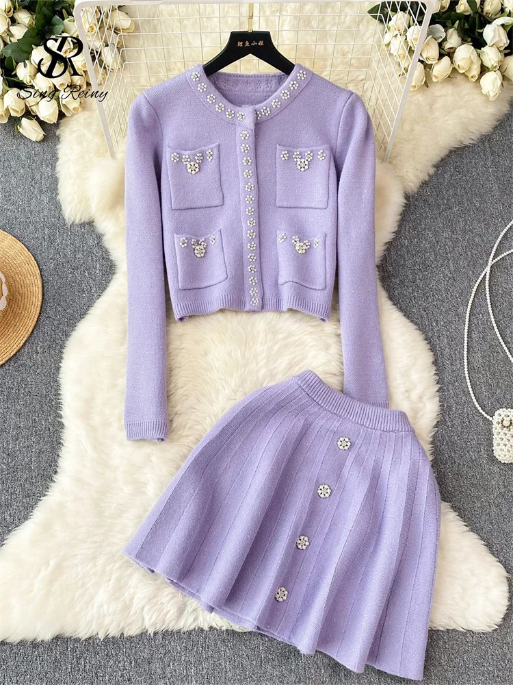 SINGREINY Japan Style Pearls Knit Suits Hidden Breasted Pockets CardiganMini Pleated A Line Skirt Women Sweet Streetwear Sets 250514