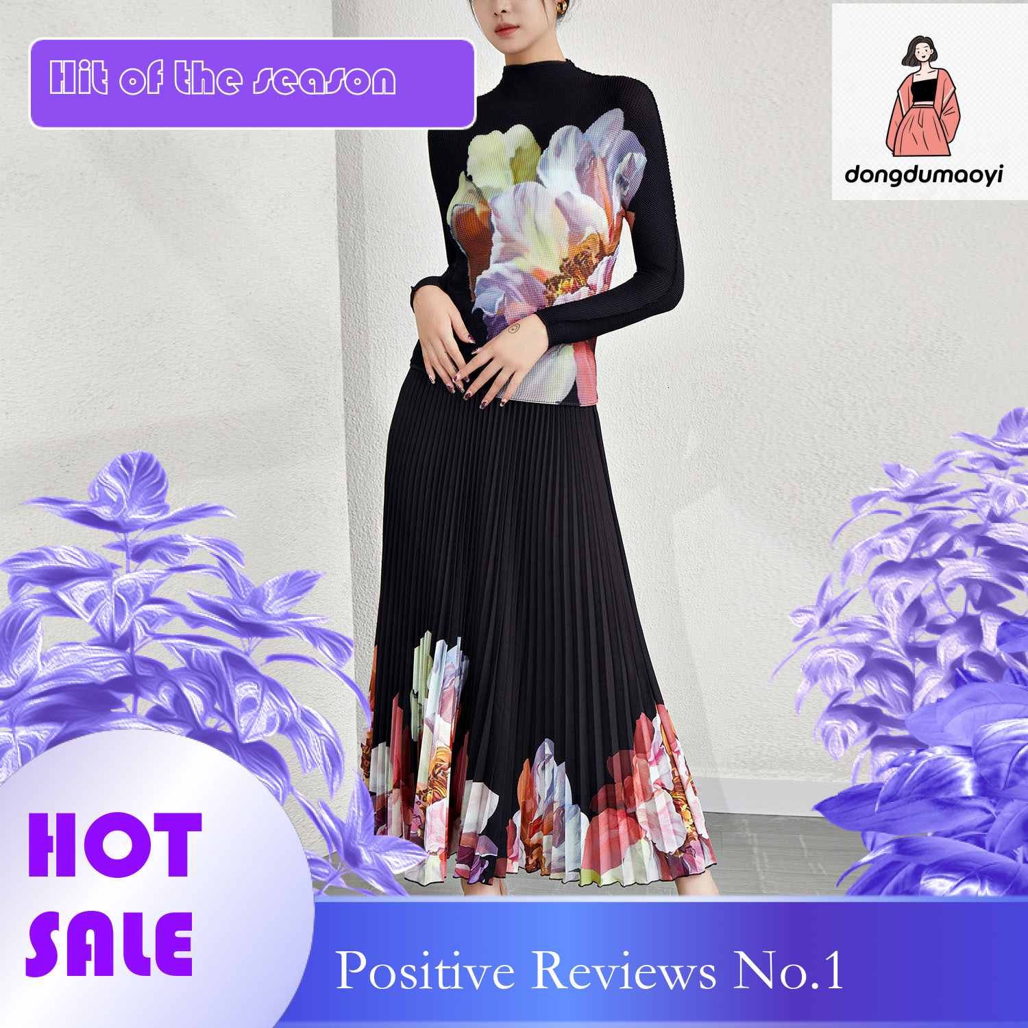 dongdumaoyi Women's clothing niche design pleated print stand up collar pullover flower long sleeved T-shirt half skirt two-piece set