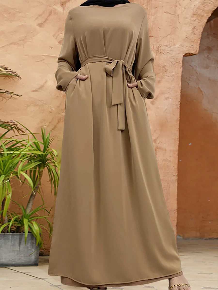 Muslim Abaya fashion new hot dress Turkey Arabia Dubai solid color robe with pockets womens long dress X250514