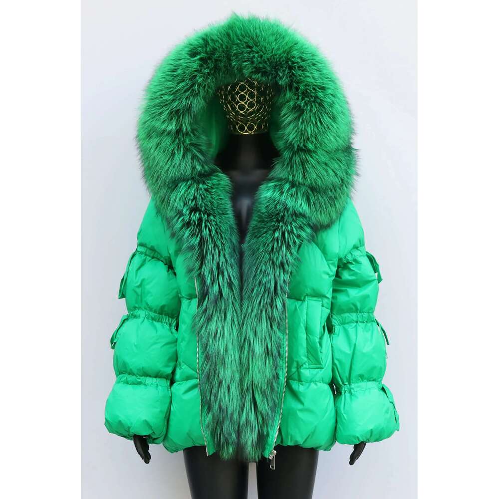 Women's Winter Duck Jacket Genuine Fox Fur Hooded Down Coat Bread Outerwear Fashion Elegant Lantern Bow Sleeve