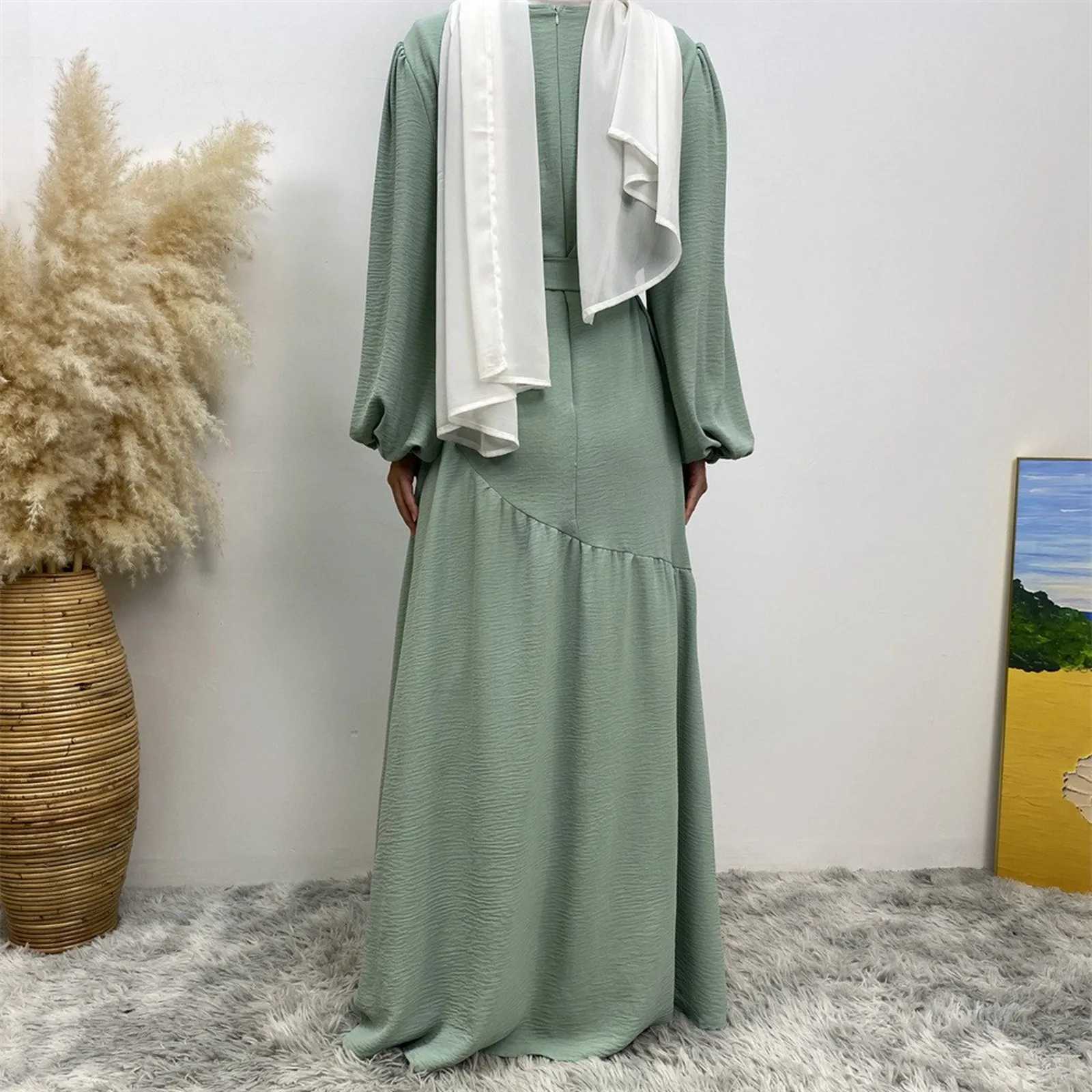 Women Middle Dubai Muslim Dress Loose Solid Color Round Neck Belt Splicing Zipper Big Swing Islam Dubai Kaftan Robe For Women X250514