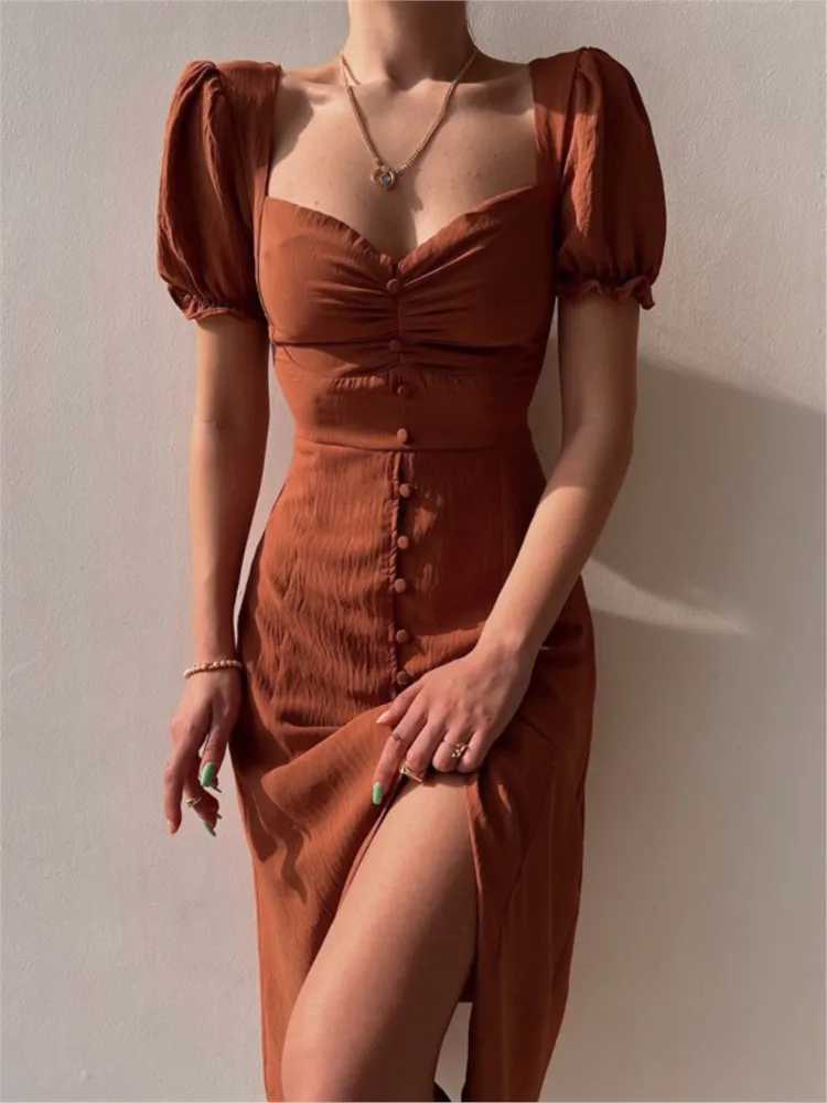 Dresses For Women 2024 Summer New V Neck Short Sleeve Single-breasted Midi Dress Elegant Holiday Casual Dresses Sexy Slit DressesXJ250514