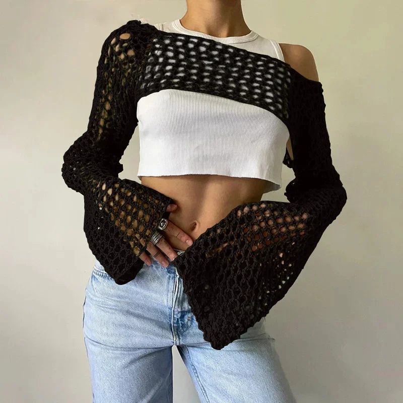 Summer Green Long Sleeve Smock Knitted Crop Top Women Y2k Beach Sexy Backless Hollow Out Party Blouse Shirts 250514