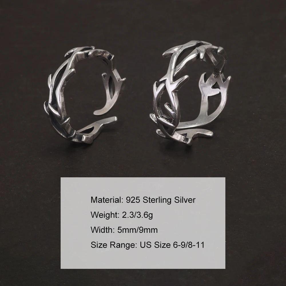 925 Sterling Silver Goth Rock Thorns Spiky Ring for Men and Women Resizable Retro Y2K Finger Rings Party Jewelry Gift 250509