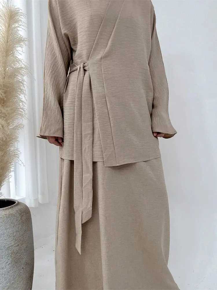 Ramadan Eid Plain 2 Piece Abaya Set Tops Skirt Modest Muslim Sets Abayas For Women Robe Caftan Marocain Femme Musulmane Kaftan X250514