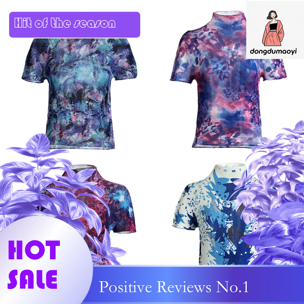 dongdumaoyi Folding women's shirts in small batches, Miyake super elastic corn pleated stand up collar printed T-shirt tops