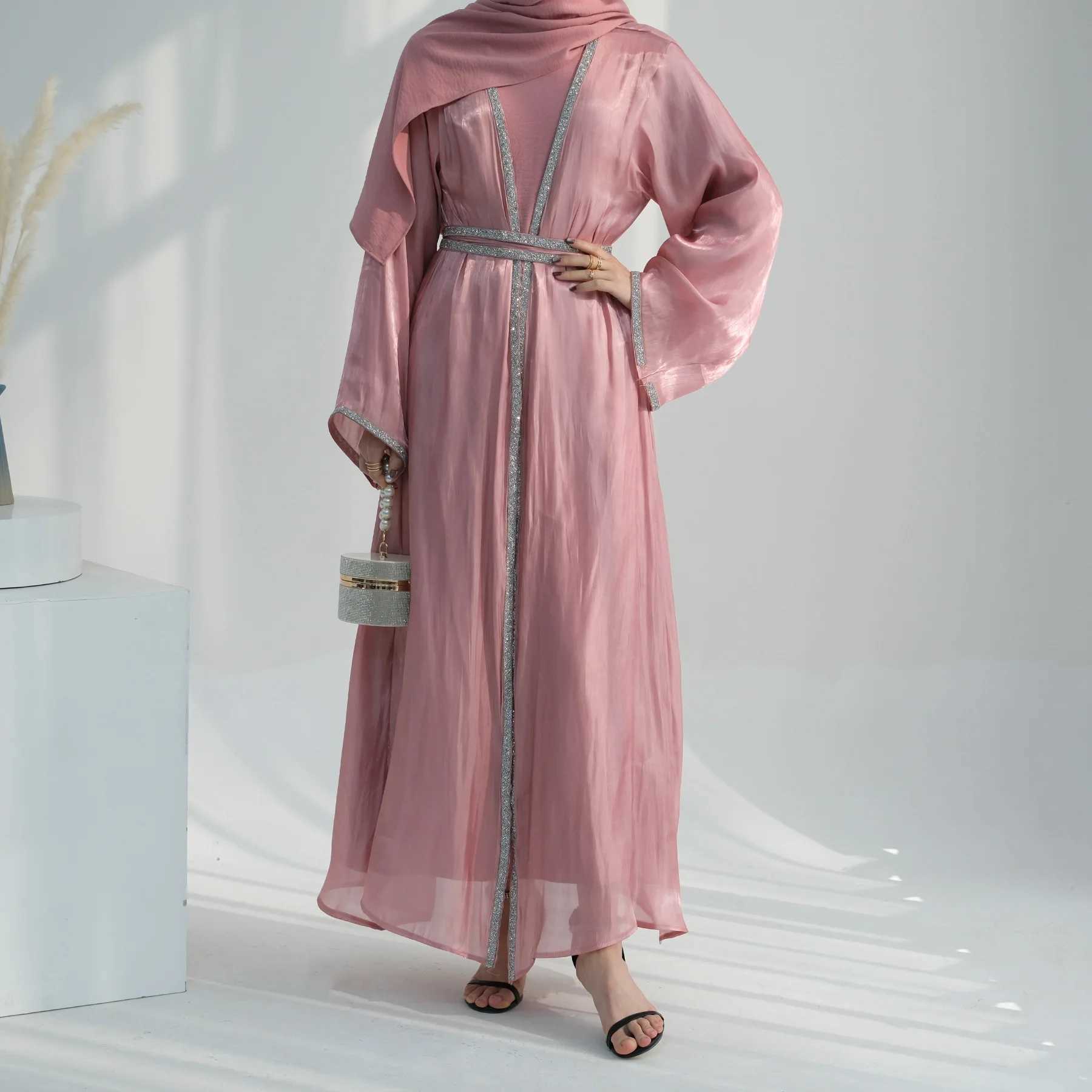 Muslim Set 3-Pieces Women Open Abaya Diamond Kimono Hijab Inner Dress Set Turkey Dubai Kaftan Eid Party Ramadan Caftan Arab Robe X250514