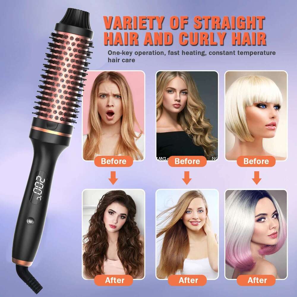 Rotating Heat Hot Comb 450F Round 2 in 1 Hair Curler Straightener Brush Women Gift