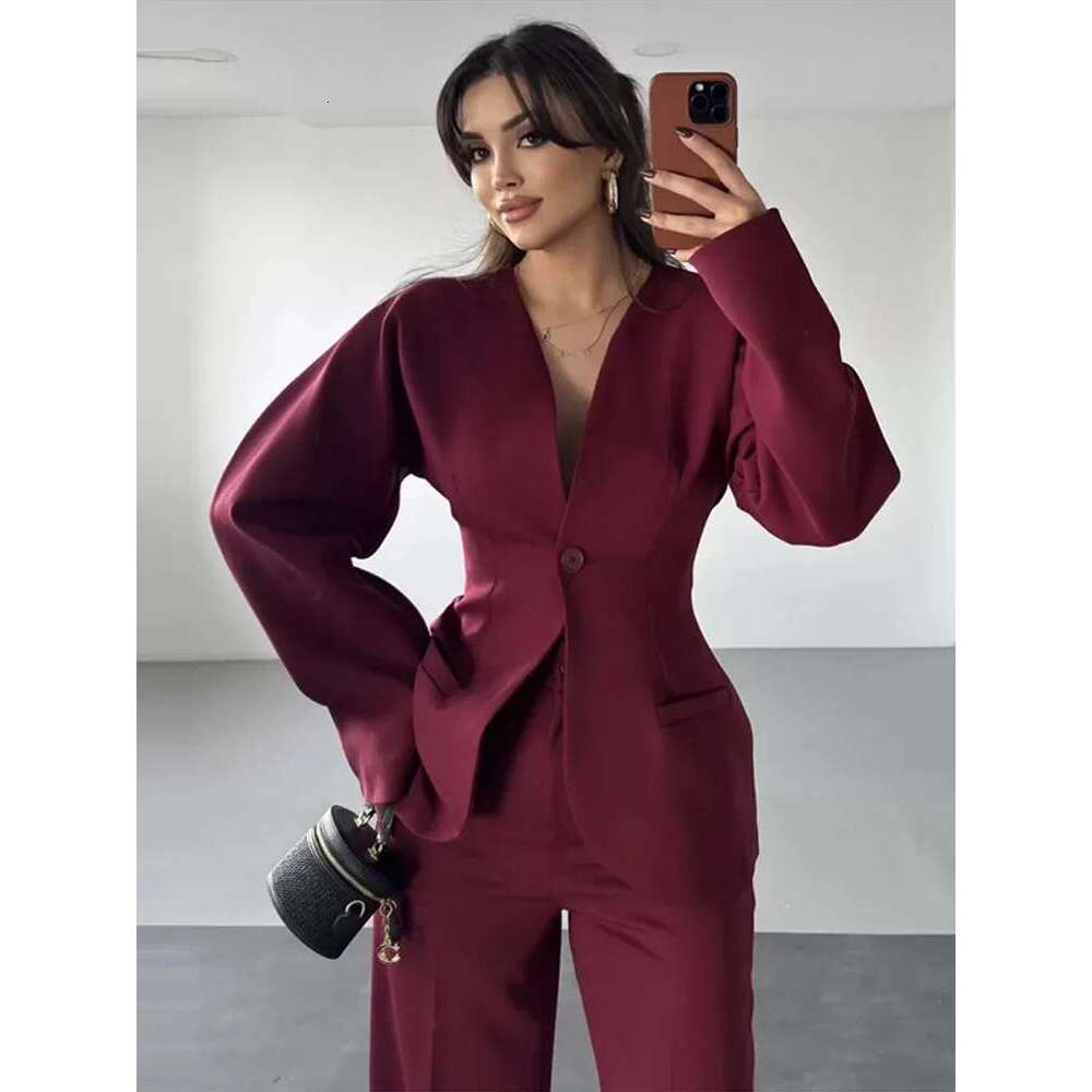 Elegant Blazer Trouser Women Two Piece Set Long Sleeve One Button Coat High Waist Wide Leg Pant Suit 2025 Spring Lady Streetwear