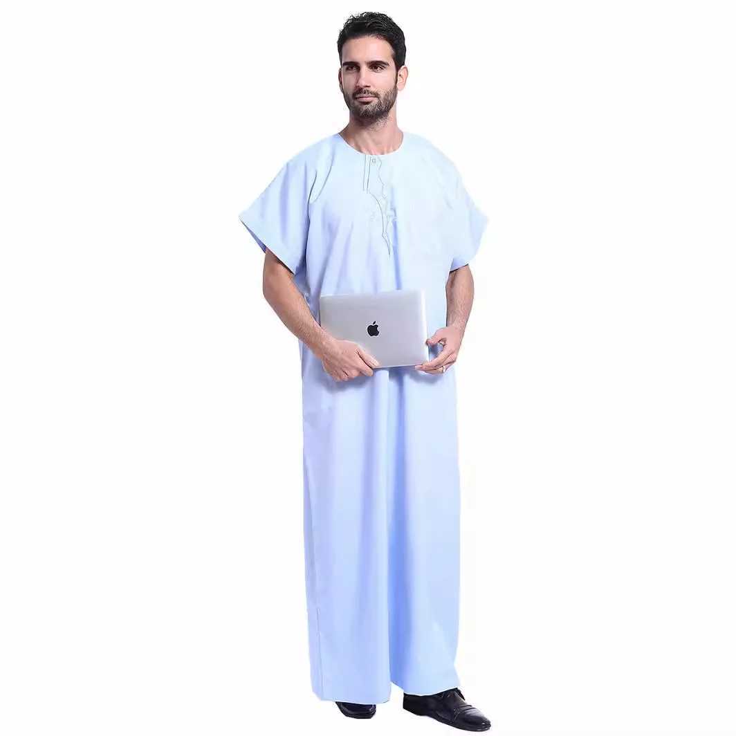 Muslim Kaftan for Men Round Collar Blue White Spring Elegant Robe Arab Vintage Long Sleeves Thobe Robe Turkey Embroidered X250514