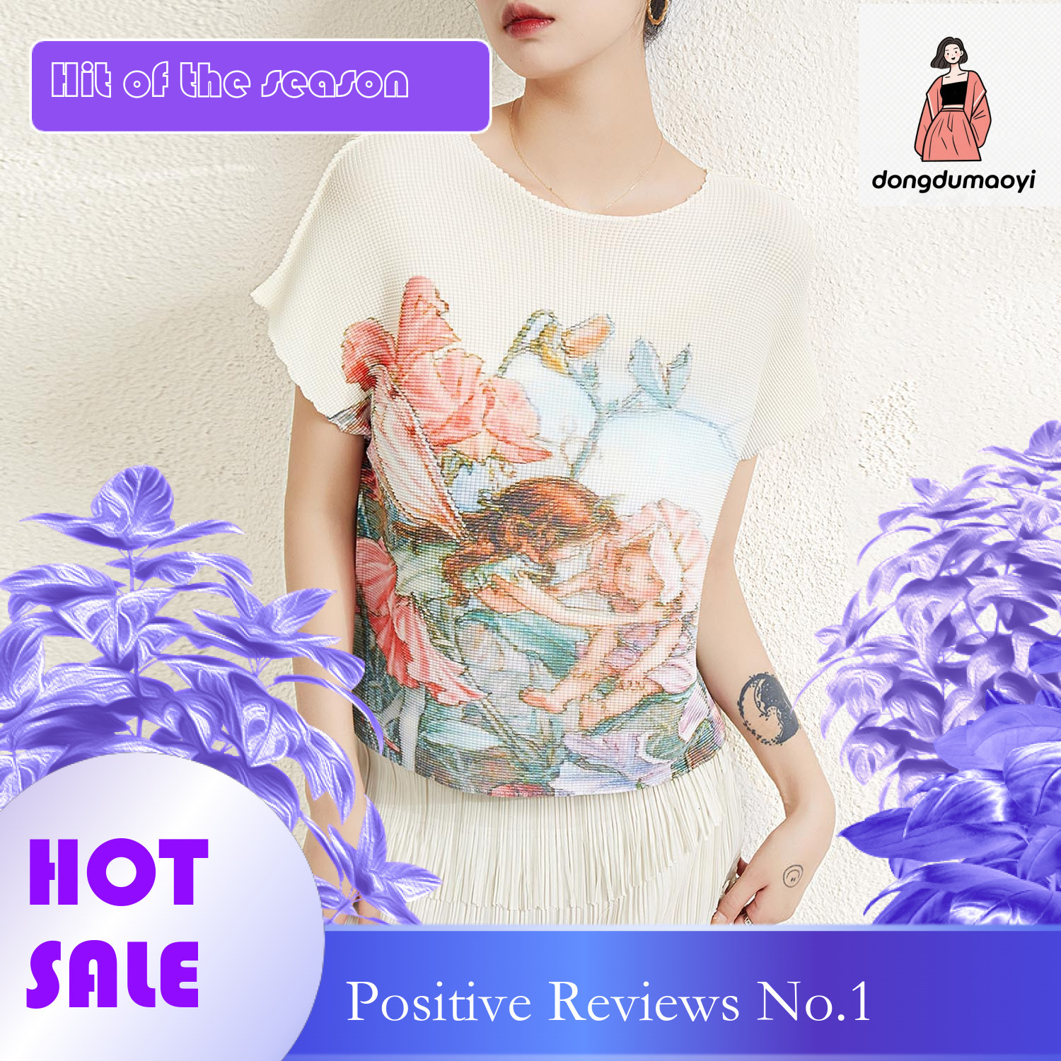dongdumaoyi Miyake summer new loose plus size slimming T-shirt printed base shirt versatile pleated short sleeved round neck top for women