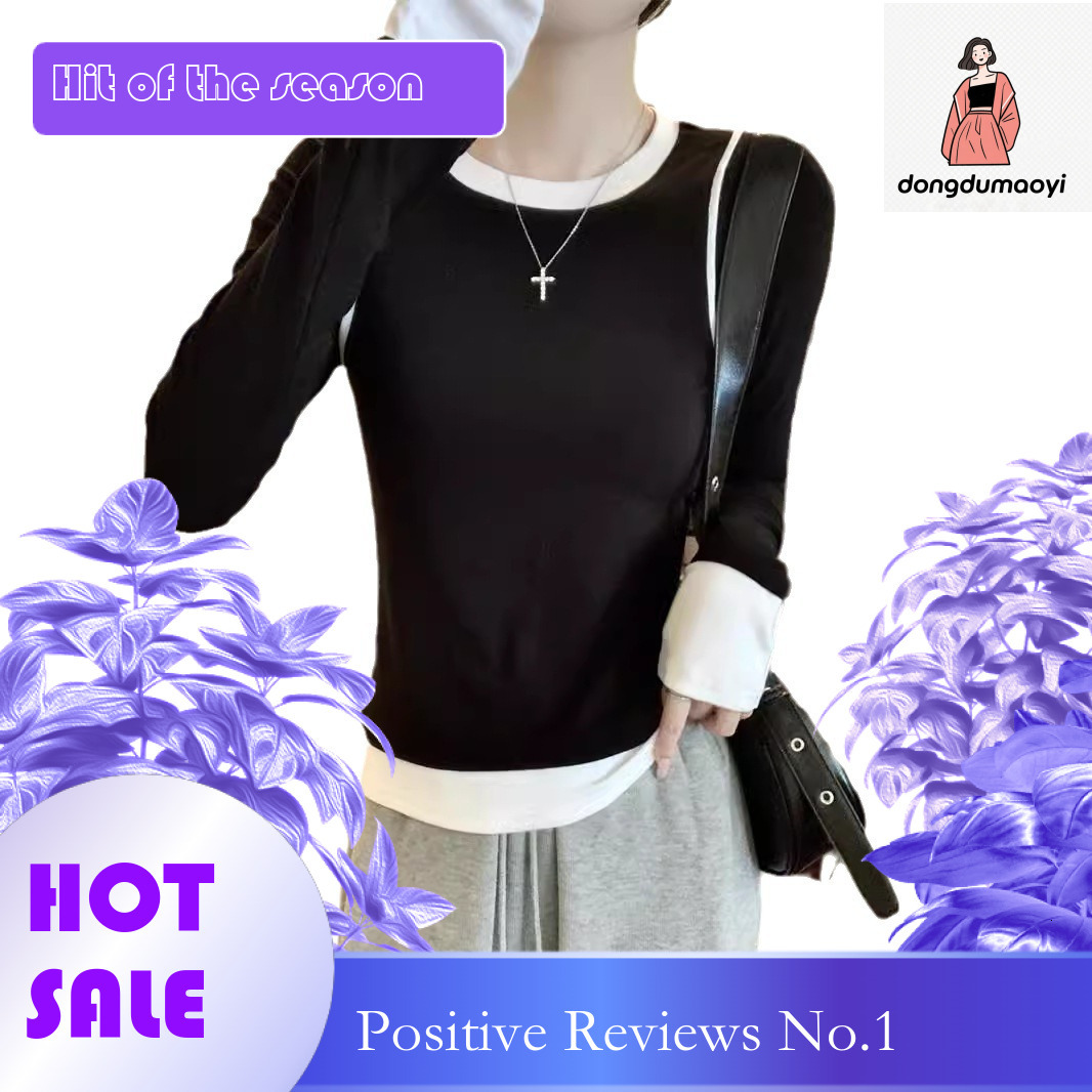 dongdumaoyi Splicing Design Fake Two piece Long sleeved T-shirt Women's Base Shirt 2025 Spring New Color Contrasting Age Reducing Interior Top