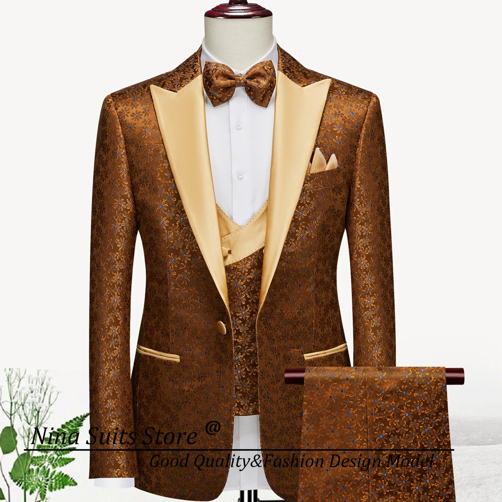 Gwenhwyfar y Gold Brown Mens Set Customized Single Chest Collar Blzaer Double Tank Top Ultra Thin Fit Pants 250530