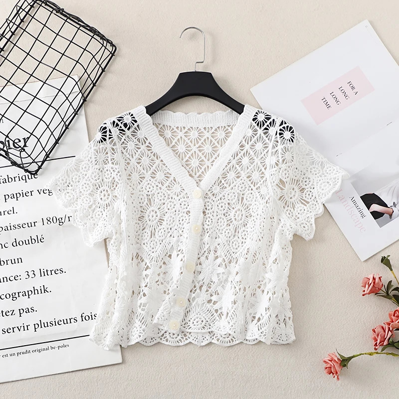 Boho Crochet Knit Top Short Sleeve Buttonup Sheer Openwork Blouse Women Teengirl Summer Fairycore Vacation Outfit 250514
