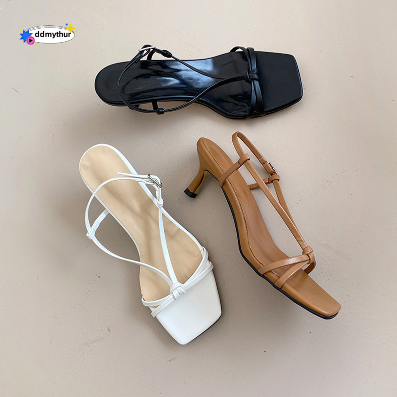 High heeled sandals for women in the summer of 2023, featuring versatile mid heel design with straight buckle square toe, a simple and elegant style d