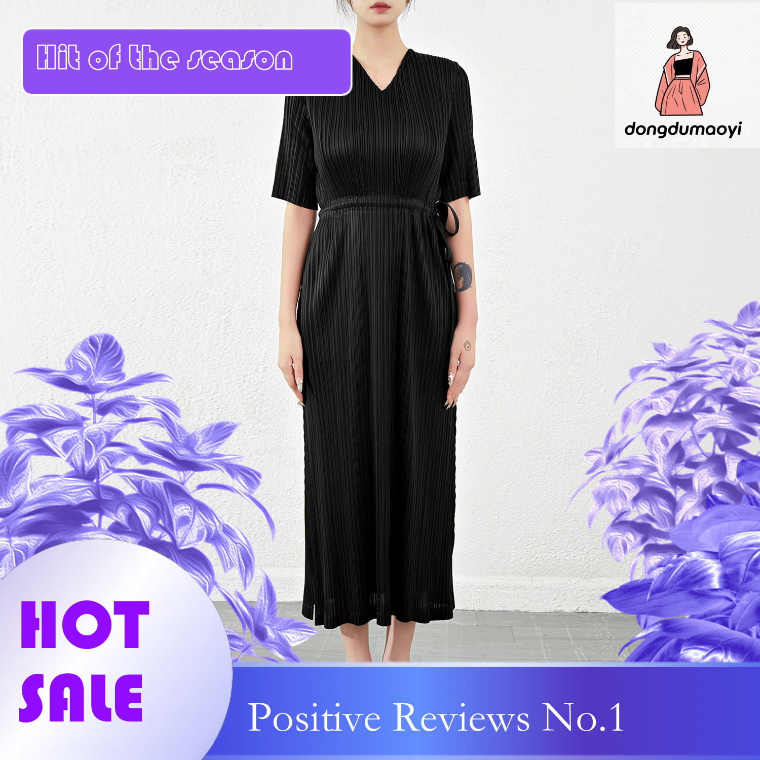 dongdumaoyi Miyake pleated loose slimming temperament short sleeved V neck high end dress long skirt