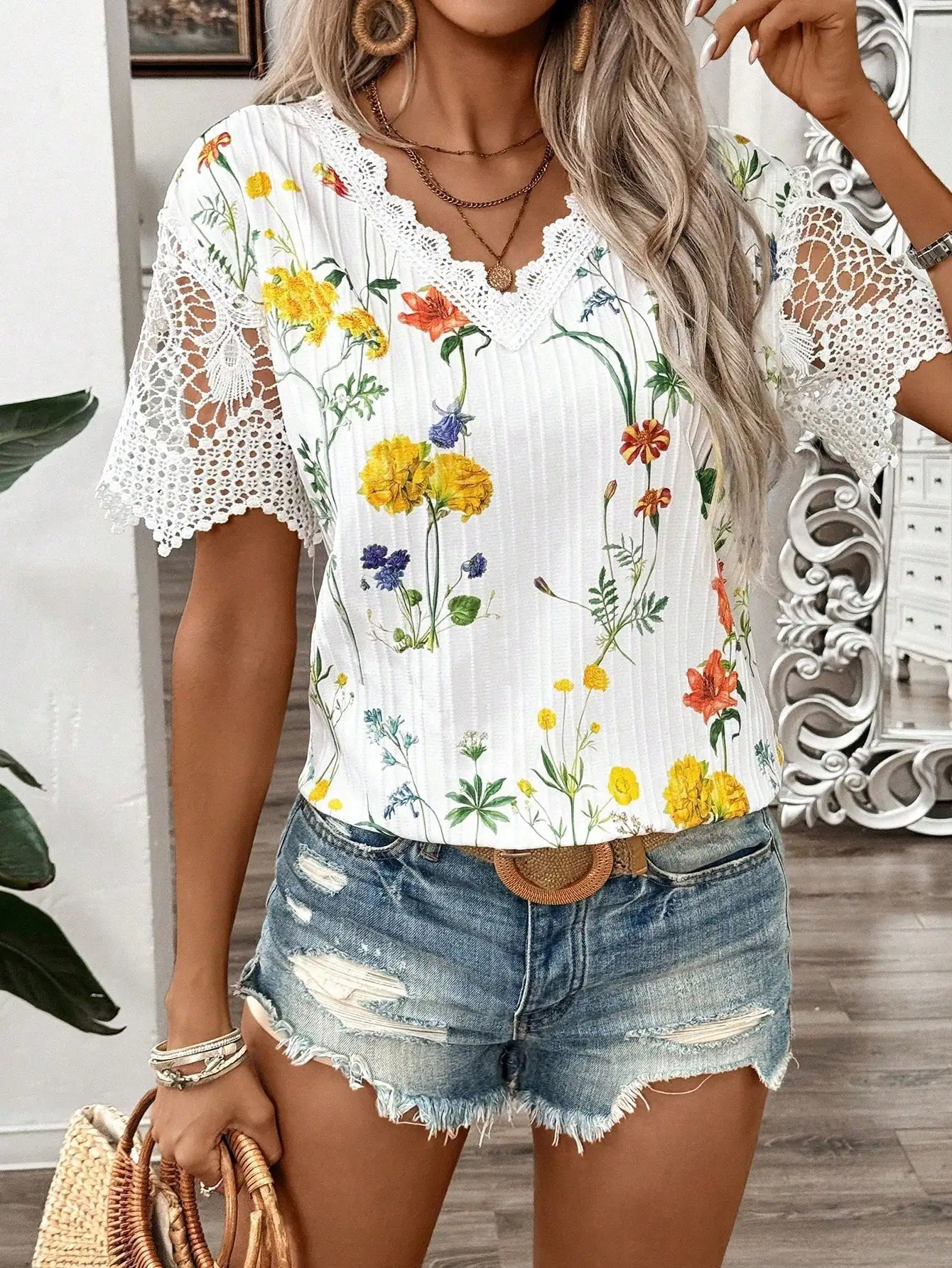 Elegant casual womens shirt Vneck short sleeve splicing lace wave stripe printed for women 250514