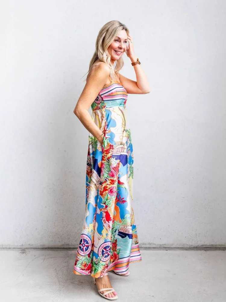2025 Summer Fashion New Womens Elegant Dress Printed High Waist Vacation Style Big Swing Vacation A-line Long DressXJ250514