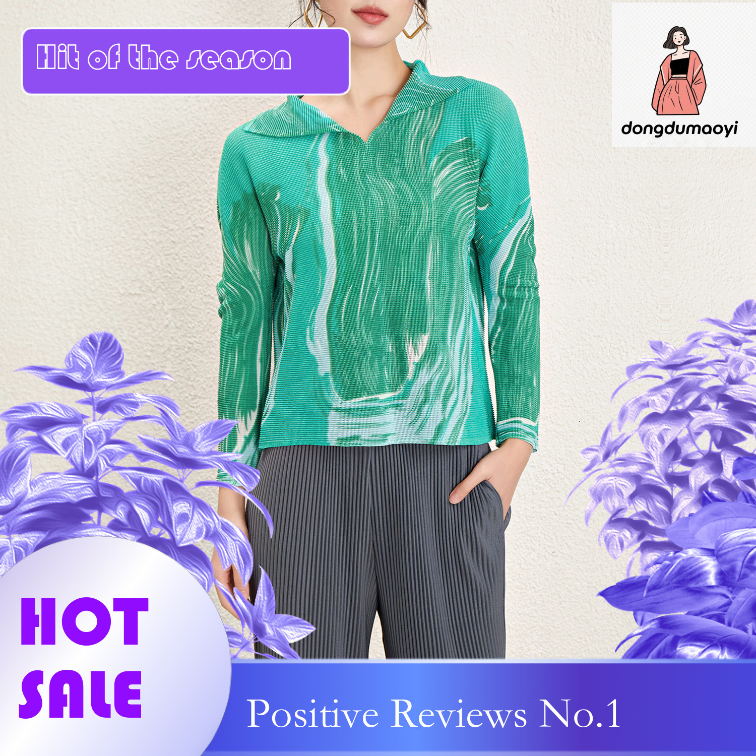 dongdumaoyi Miyake printed top 2024 spring women's clothing new pleated commuting loose casual slimming long sleeved T-shirt